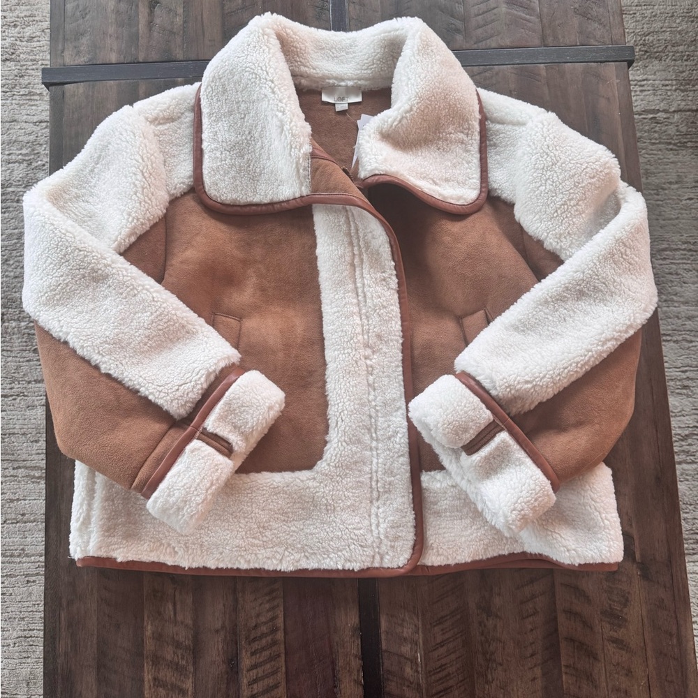 LOFT Cream and Brown Faux Shearling Moto Jacket NWT - Picture 6 of 8